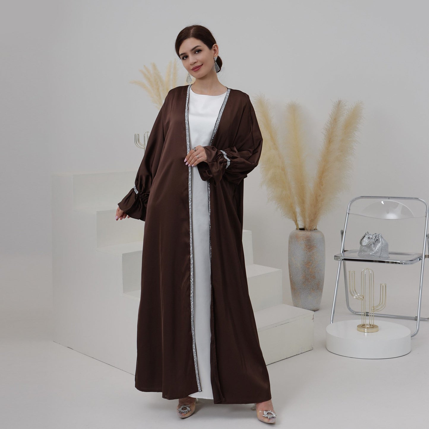 2023 New Design Eid Fitr Dubai Islamic Elegant Luxury Modest Abaya Women Muslim Dress Turkey Slide Dress Diamond Satin Silk