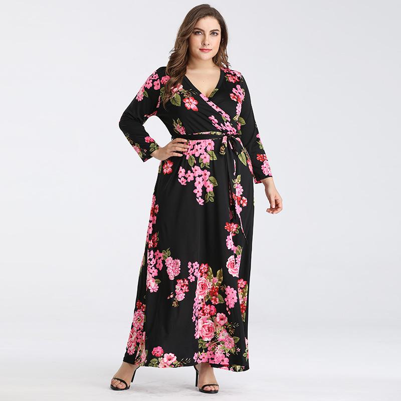 Women's S-5XL Plus Size Printed Long Sleeve Dress Crossover V-Neck Dress Maxi Long Casual Dress