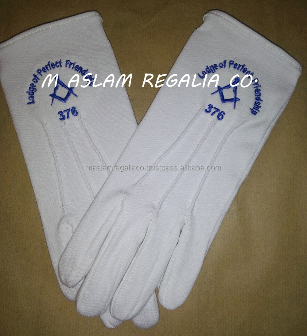 Royal Blue Square & Compasses Machine Embroidered Masonic White Cotton Gloves