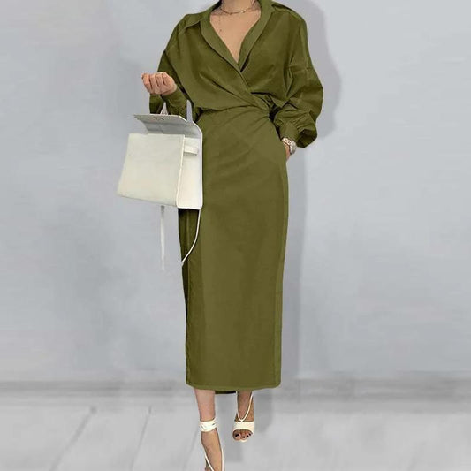 HY 2023 Spring Women's New Solid Color Elegant Long Sleeve Casual Commuting Dress