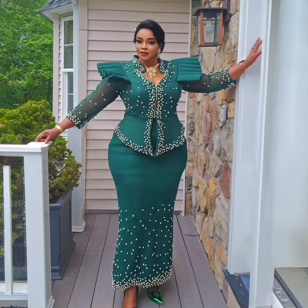 Luxury African Clothing Mesh Long Sleeve Dress Suit African Beaded Dress Elegant Turkish African Women's Clothing