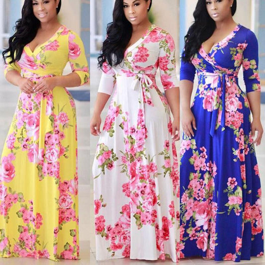 2024 Plus Size Women's Long-sleeved Women's Fat V-neck Printed Lace-up Waist Women's Maxi Skirt Women's Casual Wear