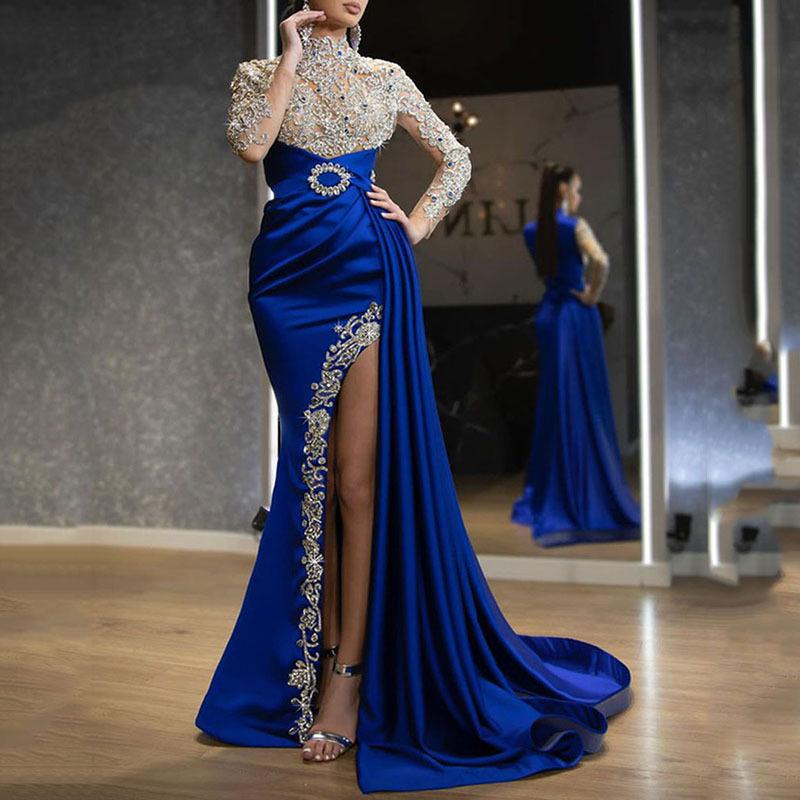 Valentine's Day 2024 Queen Dress Women Fashion Sexy Dress Blue Splash Gold Split Mosaic Half-turtleneck Evening Gown Abito Da Sera