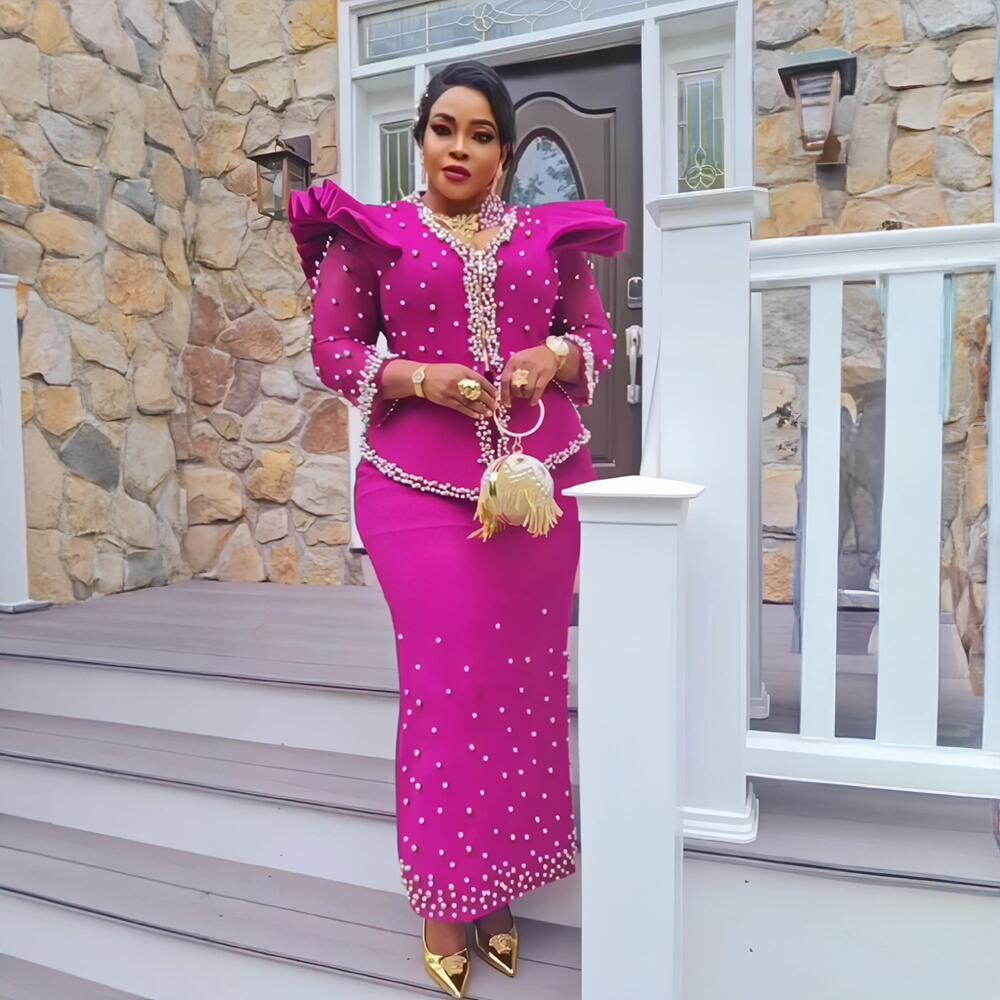 Luxury African Clothing Mesh Long Sleeve Dress Suit African Beaded Dress Elegant Turkish African Women's Clothing
