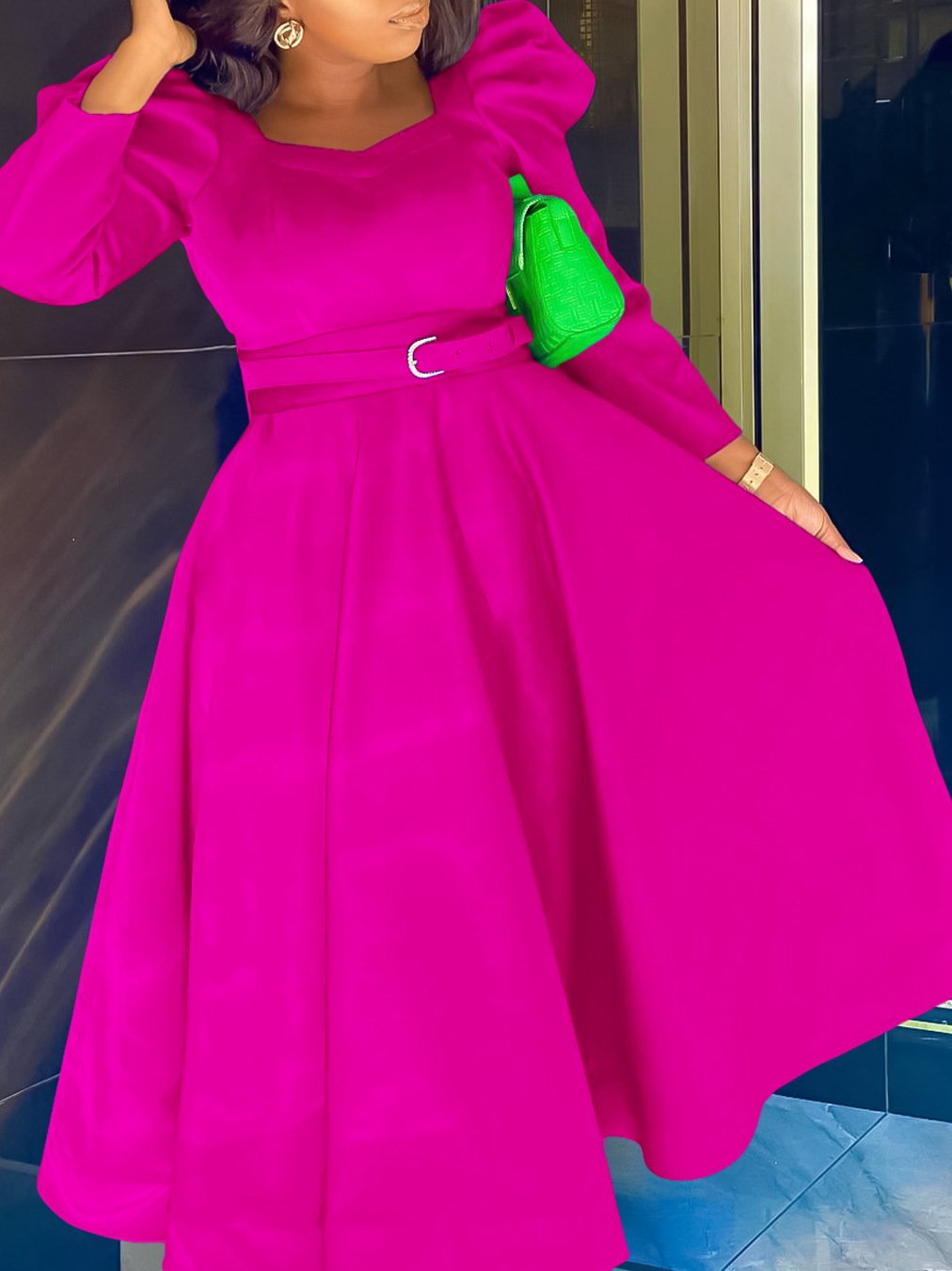 2024 Wholesale African Women's Elegant Long Puff Sleeve Square Collar Solid Color Maxi Plus Size Dress