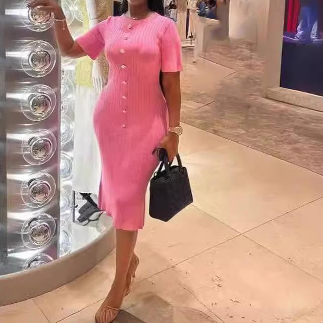 GX3145 New 2024 Summer Wholesale Women's Short Sleeve Elegant Knitted Tight Dress Wrap Midi Dress