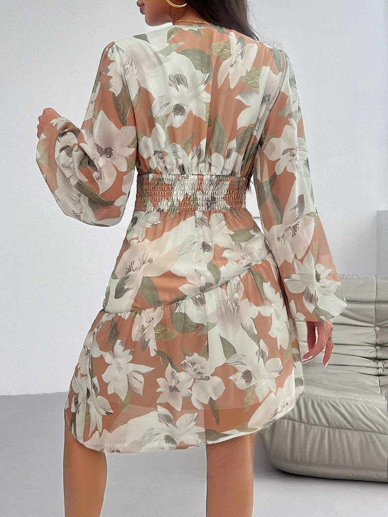 Autumn New Women's Elegant Floral Print Women's V-neck Long Sleeve Dress Daily Wear