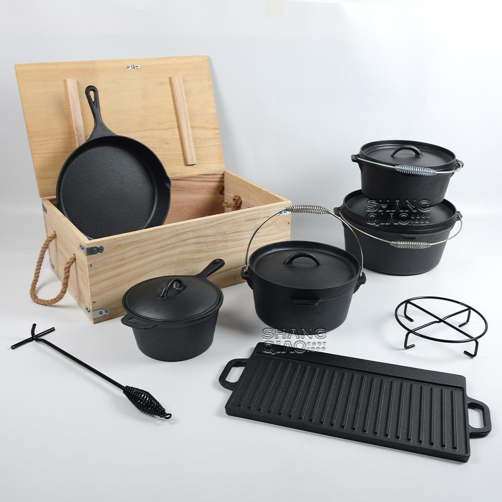 Pre-seasoned Frying Pan With Sauce Cast Iron Dutch Oven Pan Cookware Suit Wooden Crate