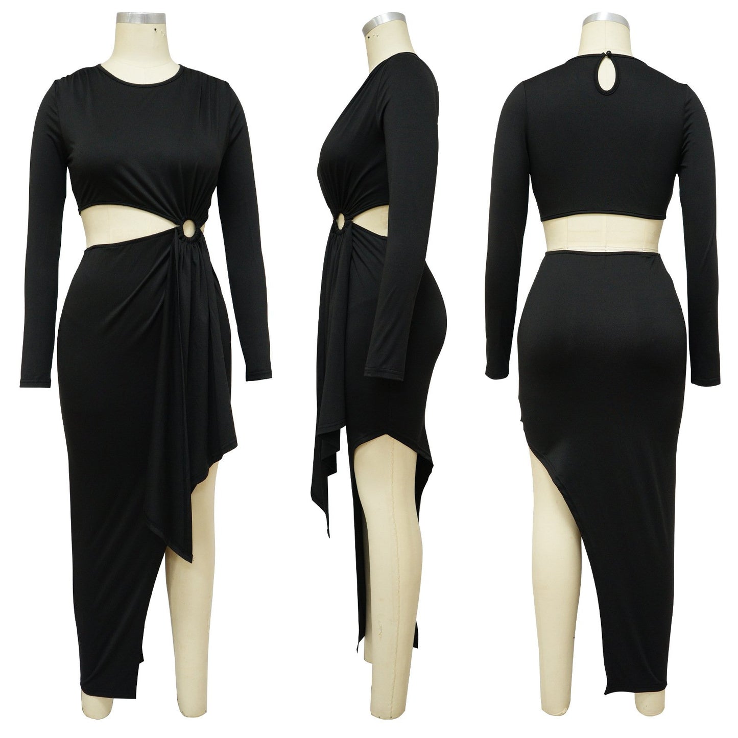 2024 Wholesale Autumn Women's New Slim Evening Dress Long Sleeve O Collar Side Exposed Waist Dress Women Elegant Casual Dress