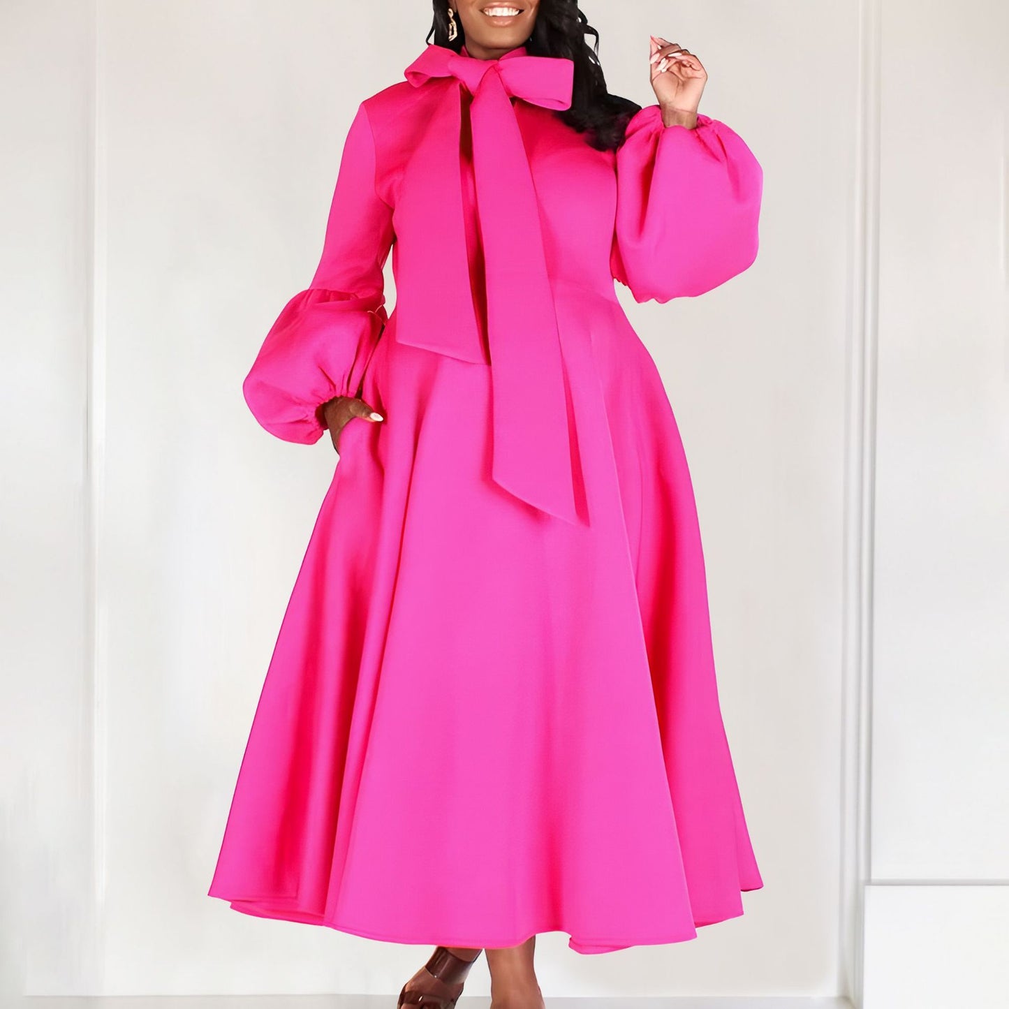 New Women's Elegant Elegant Women's Puff Cuff Large Skirt High Waist Women's Office Dress
