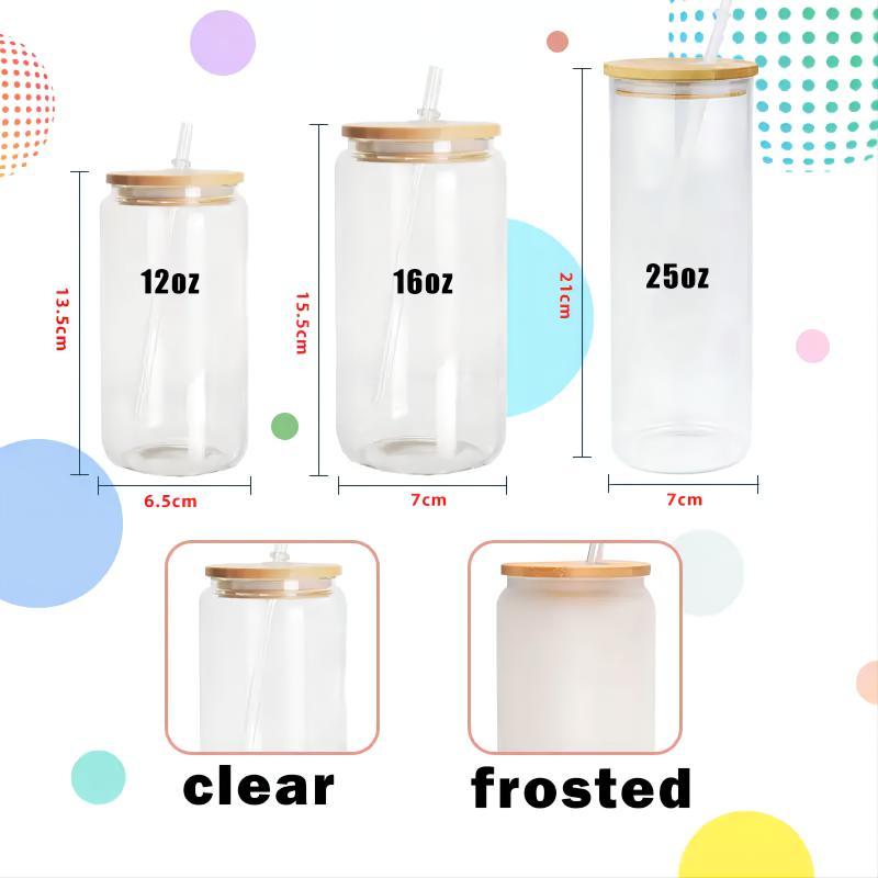 US Warehouse Stock 12 Oz 16 Oz Clear Frosted Sublimation Blank Glass Mason Can Beer Can Glass With Bamboo Lid And Straw