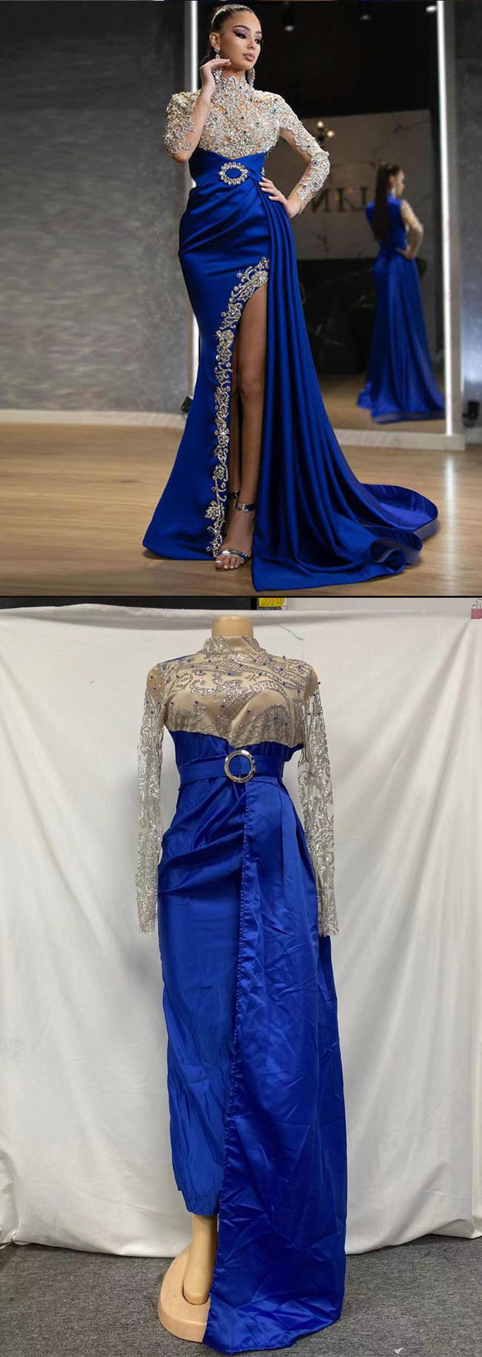 Valentine's Day 2024 Queen Dress Women Fashion Sexy Dress Blue Splash Gold Split Mosaic Half-turtleneck Evening Gown Abito Da Sera
