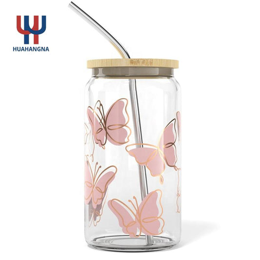 UV Printing 16 Oz 20 Oz 25 Oz Soda Beer Can Shaped Glass Juice Milk Drinking Glass With Bamboo Lid And Straw For Christmas