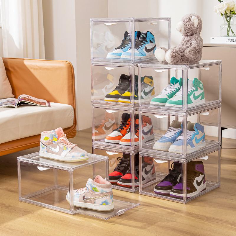 Side Opening Hanging Door Stable Stackable Simple Assembly Custom Sneaker Folding Transparent Shoes Storage Box With Magnetic Door