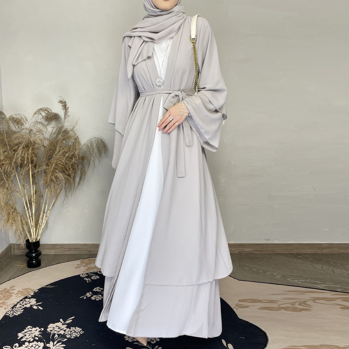Wholesale Turkish Elegant Eid Women Muslim Dress Two Layer Chiffon Moderate Muslim Dress With Hjiab Kimono Open Dubai Abaya Suit