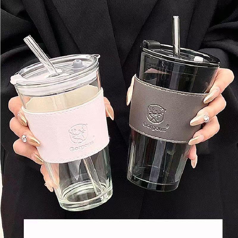 Large Capacity Heat Insulation Glass Double-layer Straw Water/coffee Cup With Plastic Lid High Appearance Summer Ins Net Red