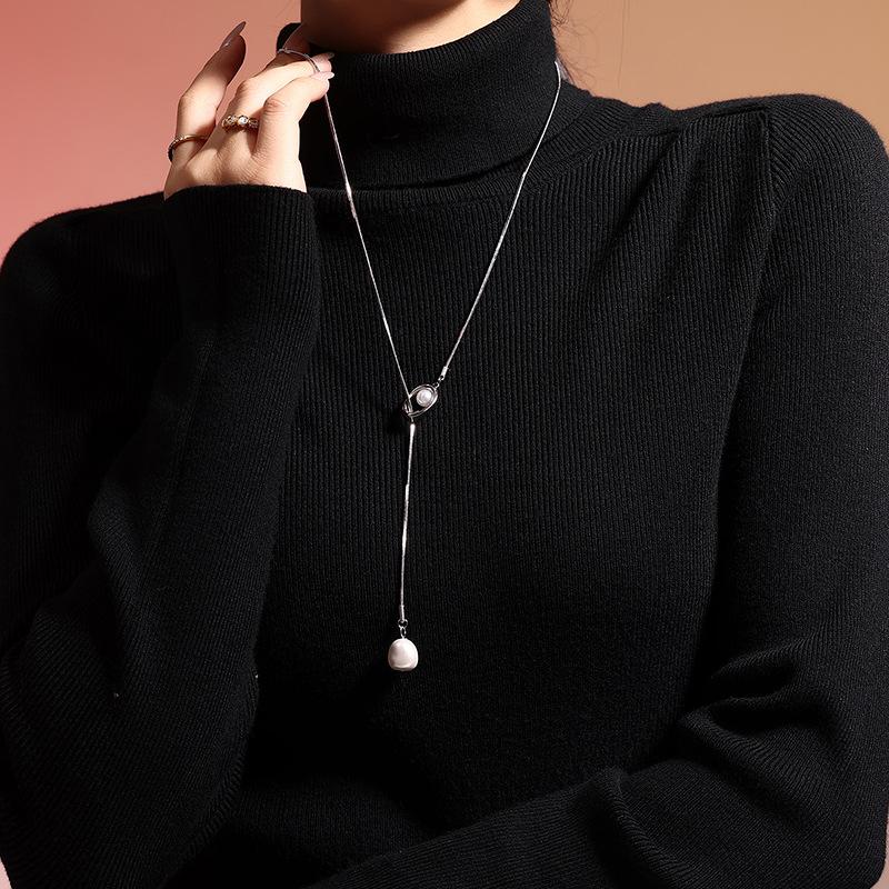 Stainless Steel Simple Long Tassel Pearl Initial Necklace Adjustable Chain Sweater Necklace Party Daily