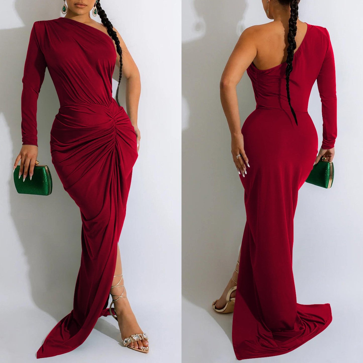 X6042 New Ladies Evening Dress Dress Elegant Solid Color Oblique Collar One Piece Long Sleeve Dress Ladies Party Dress