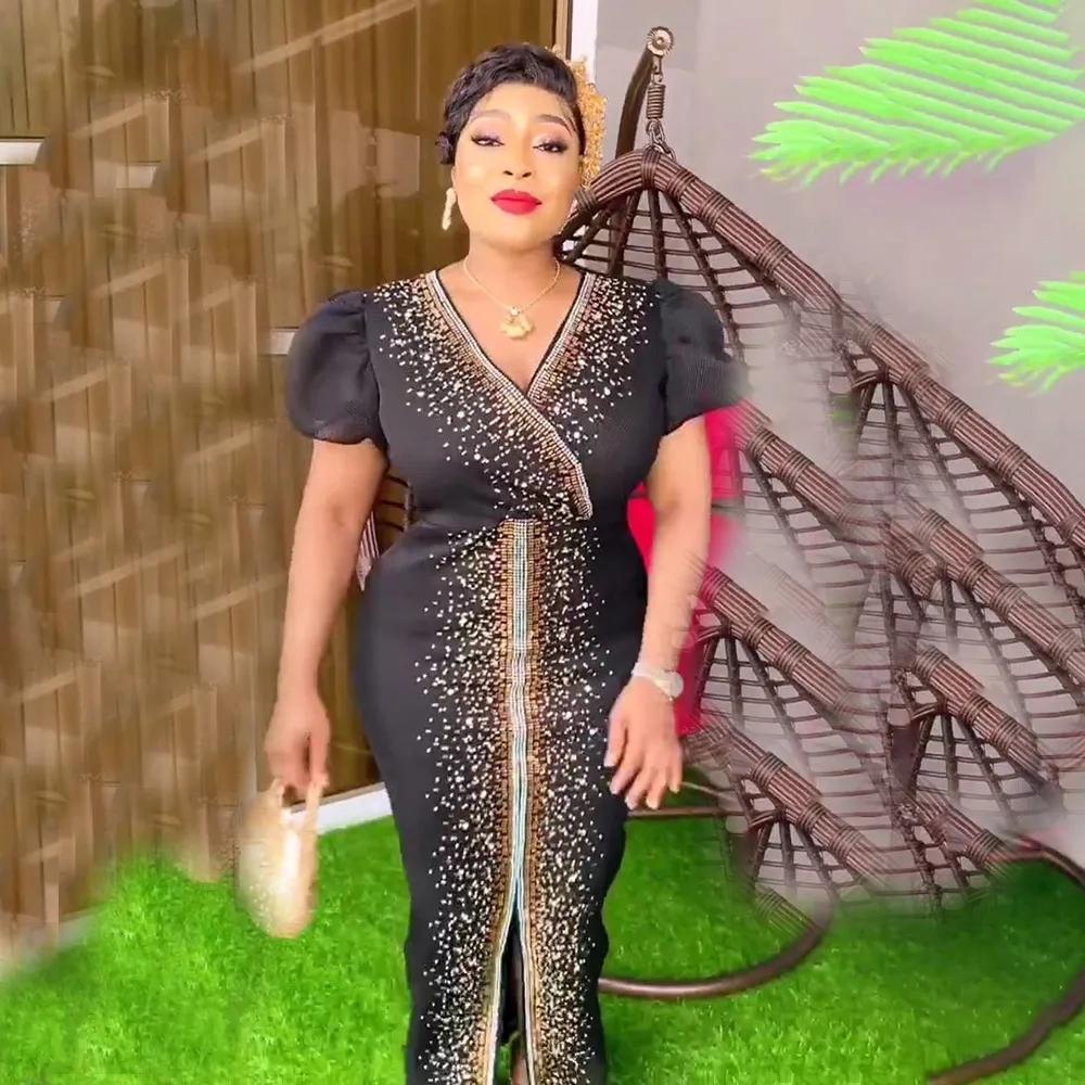 Fashion African Sequins Women Elegant Women Evening Dress 2022 Short Sleeve V-Neck Diamond Maxi Dress