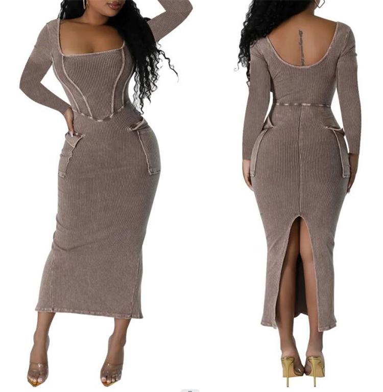 M0648-wholesale Long Sleeve Women's New 2023 Tights Club Dress With Pockets