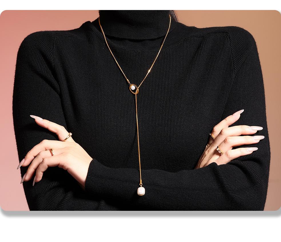 Stainless Steel Simple Long Tassel Pearl Initial Necklace Adjustable Chain Sweater Necklace Party Daily