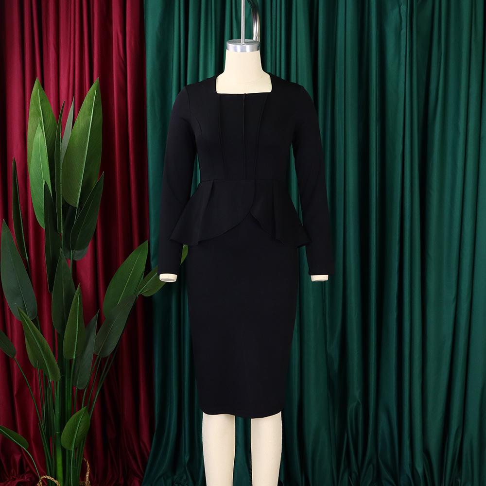 D444 Latest Design Autumn Dress Women Casual Long Sleeve Elegant Ruffled Ladies Office Dress Women Formal Work Career Dress