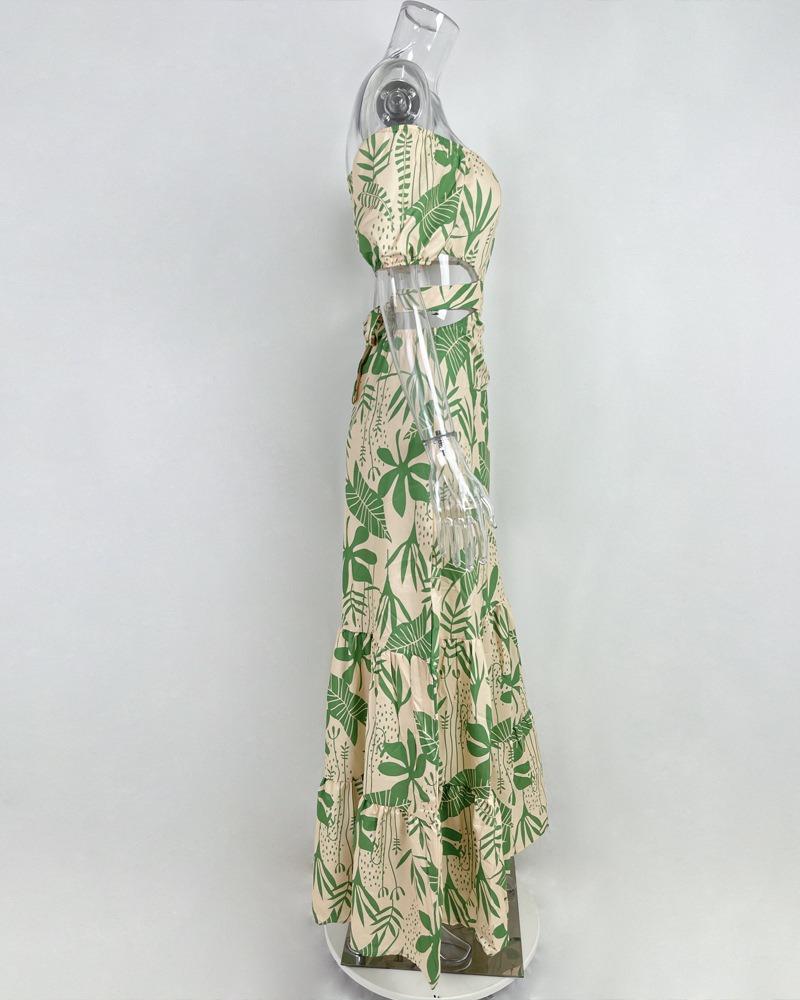 Women's Fashion Print Elegant Slim-fit Print Hollow Lace-up Dress