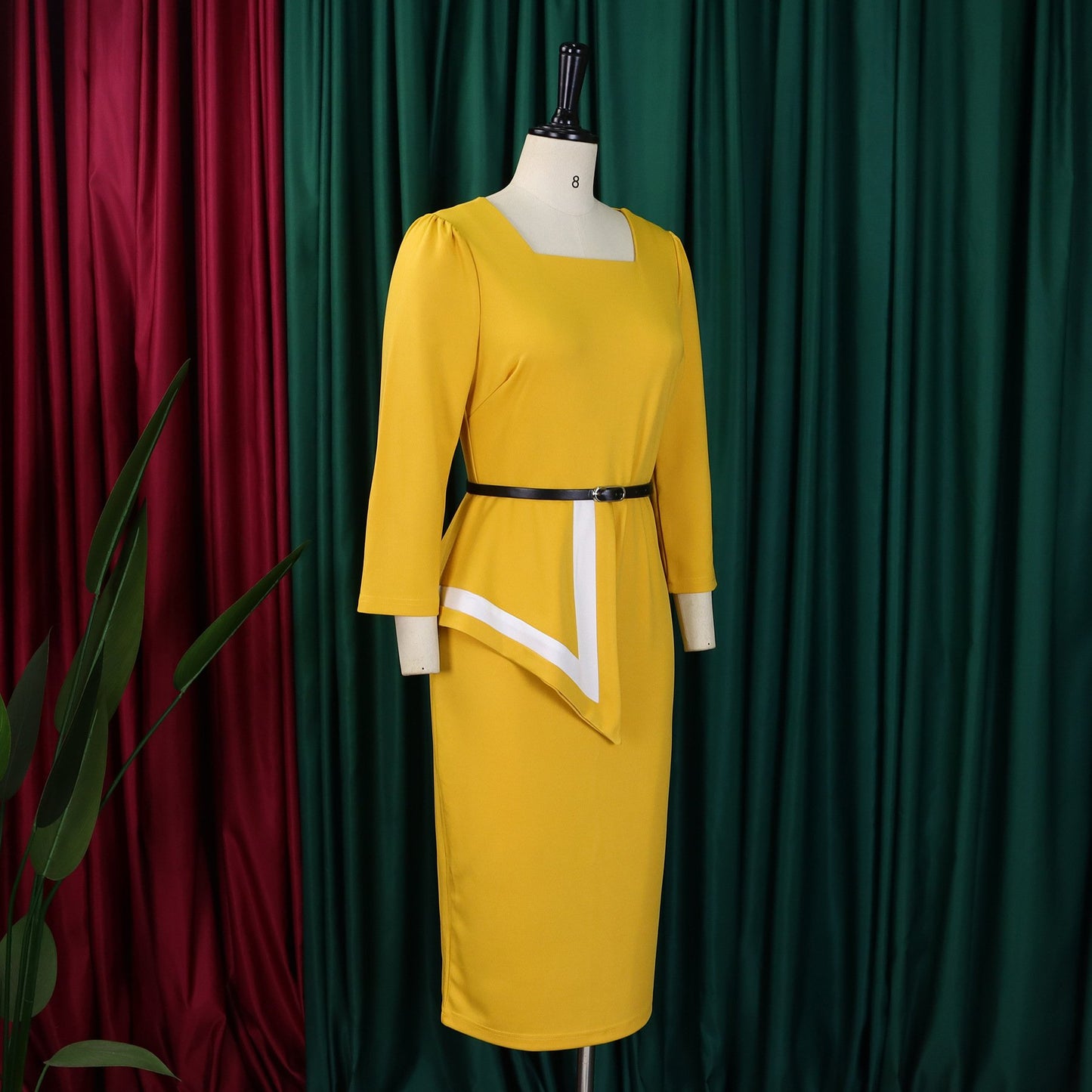 MG482 Fashion Elegant Ladies Office Dress Women Formal Work 3 Quarter Sleeve Square Collar Professional Dress Women Church Dress
