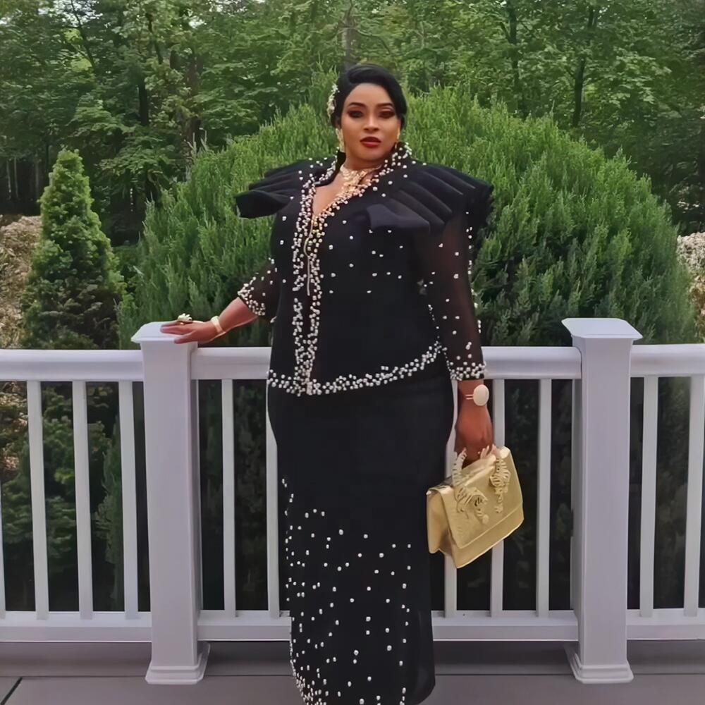 Luxury African Clothing Mesh Long Sleeve Dress Suit African Beaded Dress Elegant Turkish African Women's Clothing