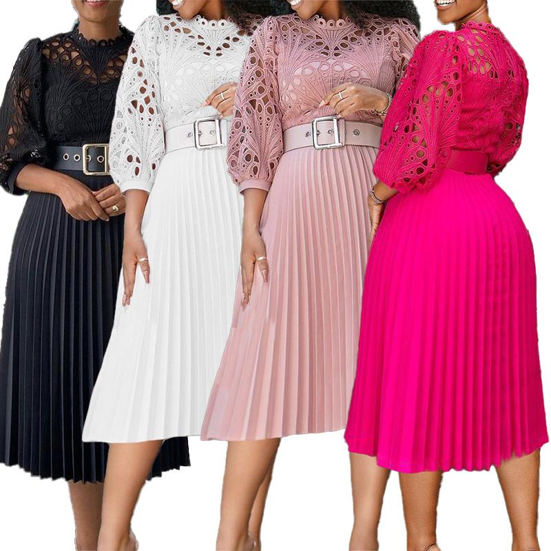 Women Crochet Lace Party Pleated Fashion Women Maxi Casual Dress Plus Size Long Sleeve Church Women Elegant Dress