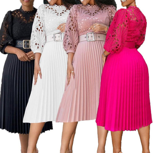 Women Crochet Lace Party Pleated Fashion Women Maxi Casual Dress Plus Size Long Sleeve Church Women Elegant Dress