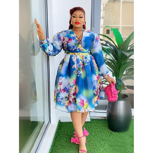 Africa 2024 Spring And Summer New Cross-border Foreign Trade Women's Plus Size V-neck Printed Dress With Belt