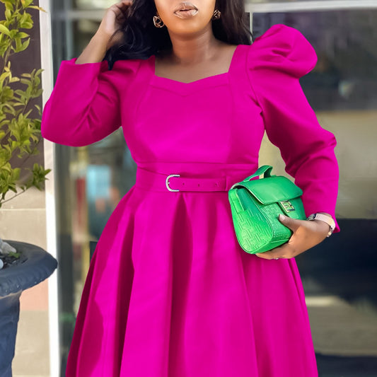 2024 Wholesale African Women's Elegant Long Puff Sleeve Square Collar Solid Color Maxi Plus Size Dress