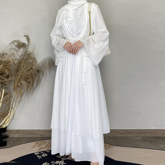 Wholesale Turkish Elegant Eid Women Muslim Dress Two Layer Chiffon Moderate Muslim Dress With Hjiab Kimono Open Dubai Abaya Suit