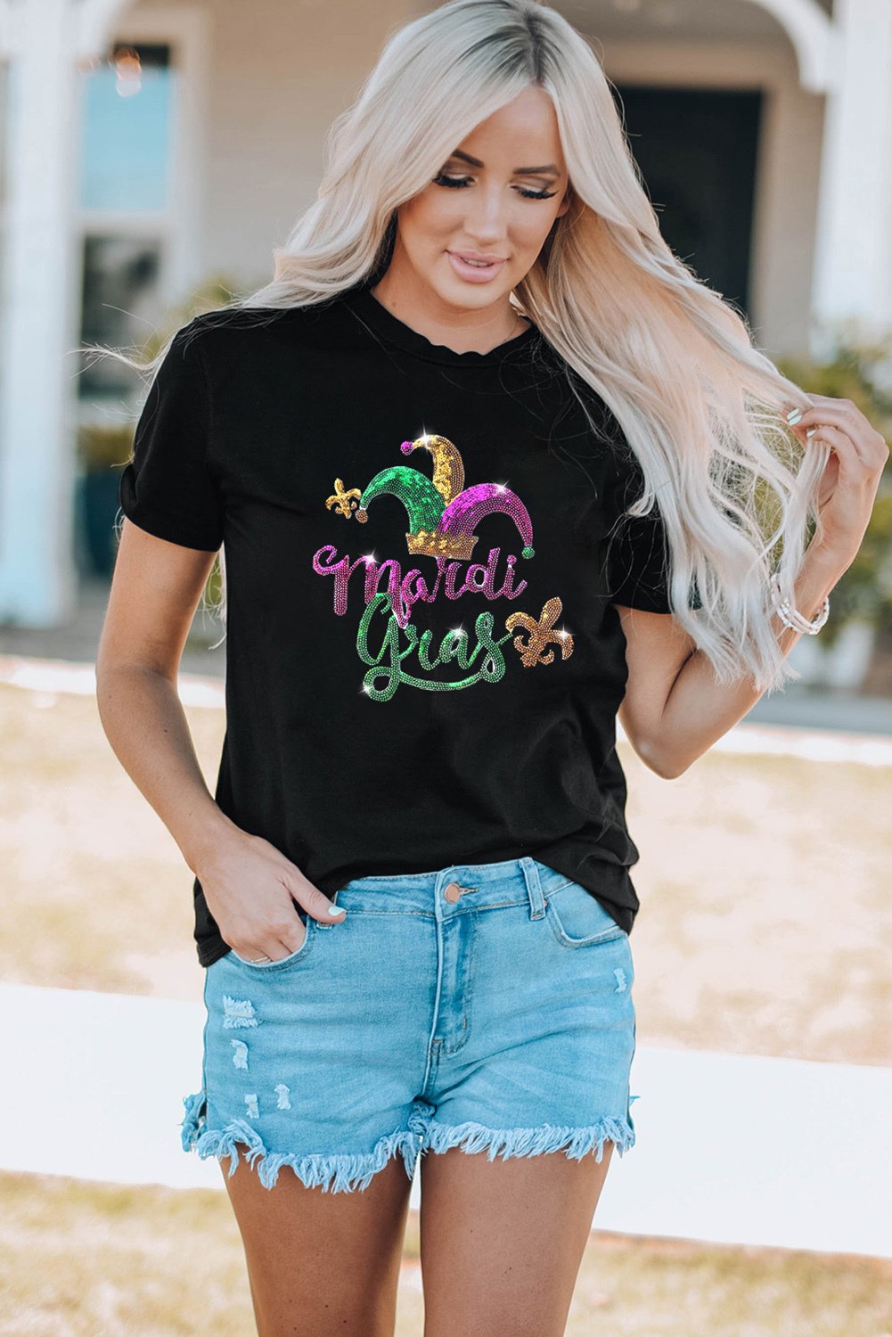 Dear Lover Wholesale Bulk Carnival Casual Summer Short Sleeve Round Neck Women Rhinestone Sequin Pattern T-Shirt