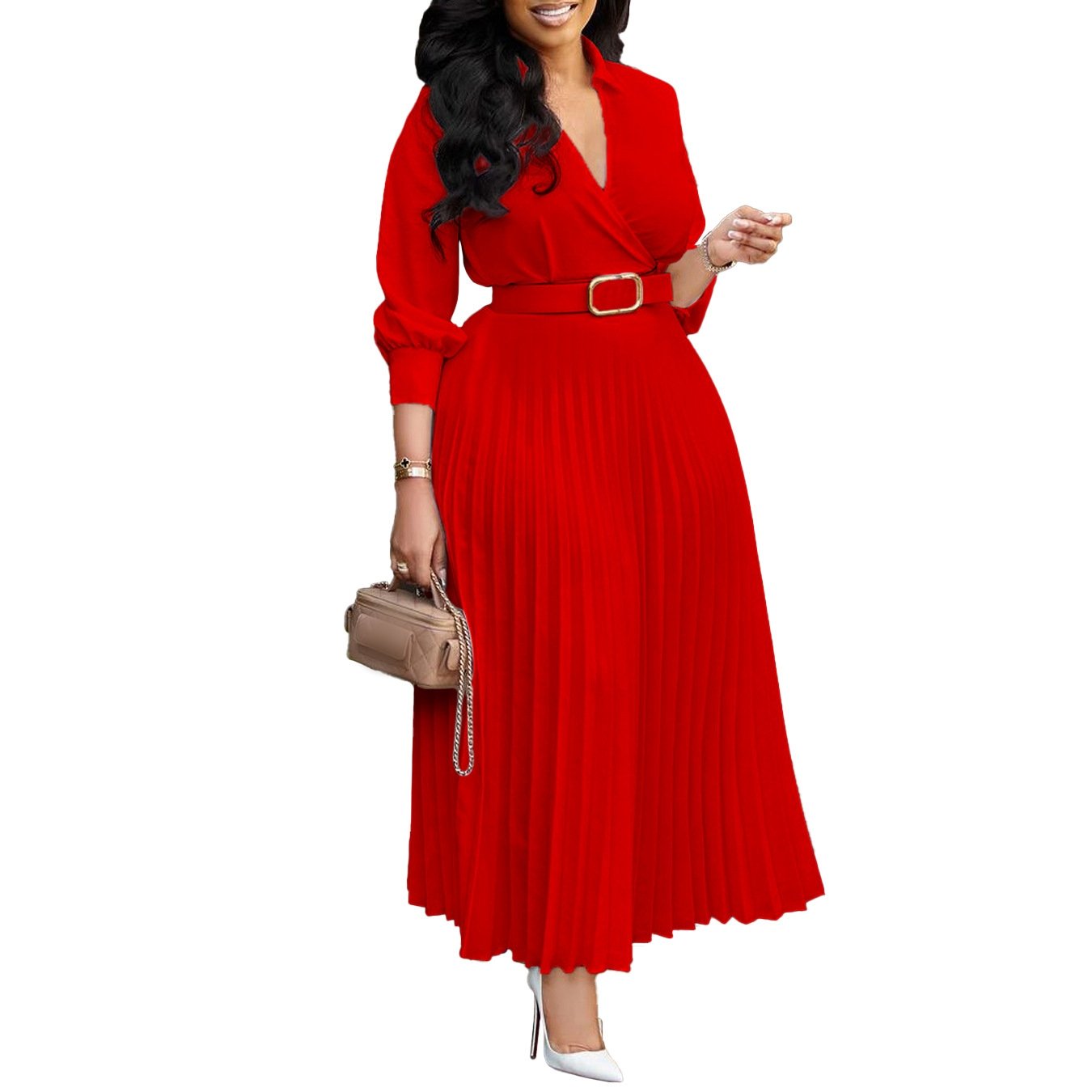 C8587 Fashion Casual Dress Women's Elegant Solid Color Long Sleeve V-neck Pleated Skirt Women's Office Dress Dress With Belt