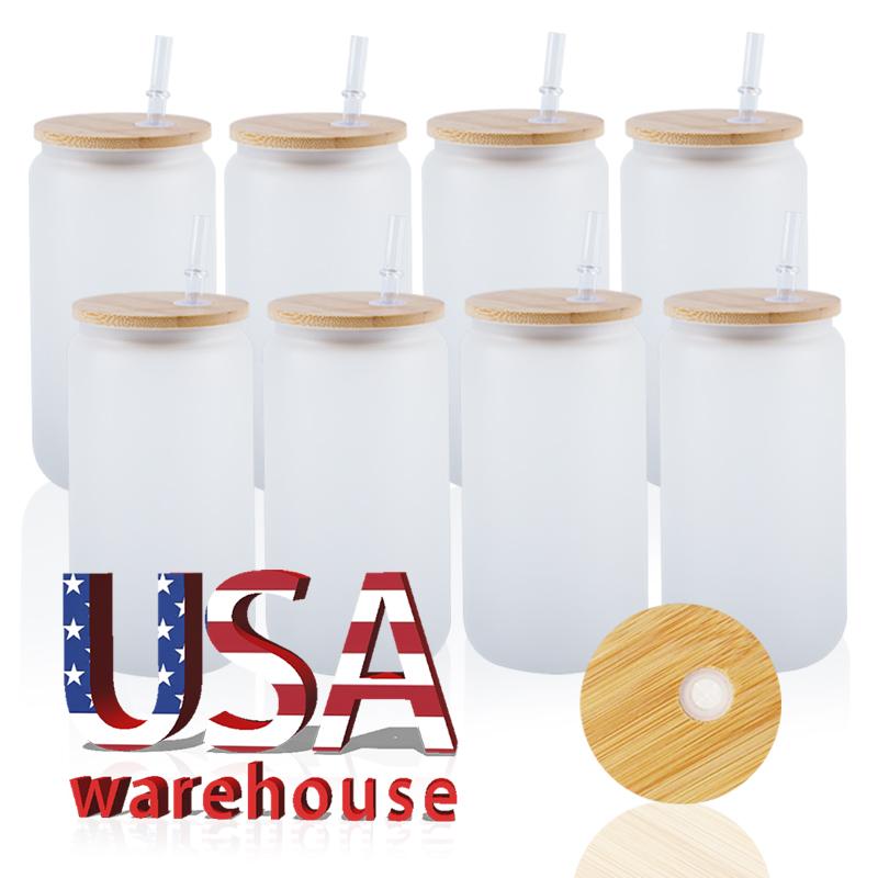 US Warehouse 12 Oz 16 Oz 20 Oz 25 Oz 16 Oz Straight Clear Frosted Water Bottle Sublimation Glass Jar Wooden Lid Tumbler Cup