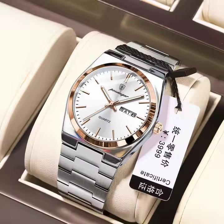 Men's New Luxury Stainless Steel Watch Waterproof Luminous Dial Display Week Date Quartz Watch Casual Business Alloy