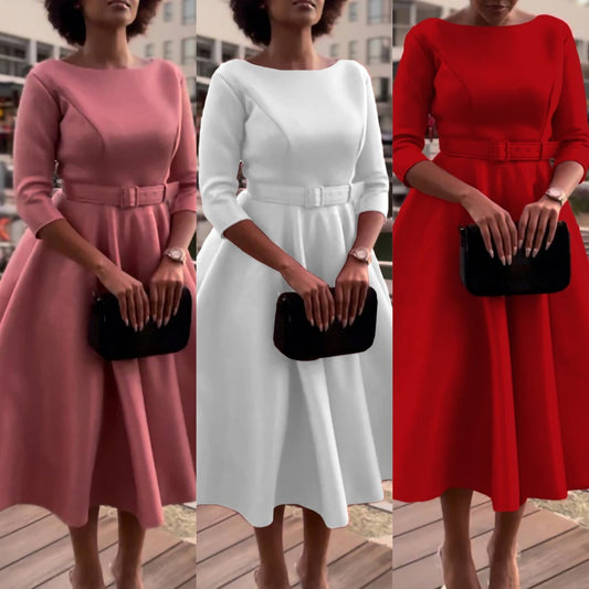 Zhe Zhe Fashion Plus Size Women's Elegant Casual Luxury Round Neck Mid-Sleeve Dress