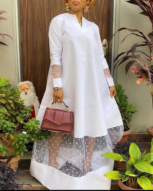 2023 White African Women's Summer Elegant Long Sleeve V-Neck Polyester Long Dress S-3XL Maxi Dress African Clothing