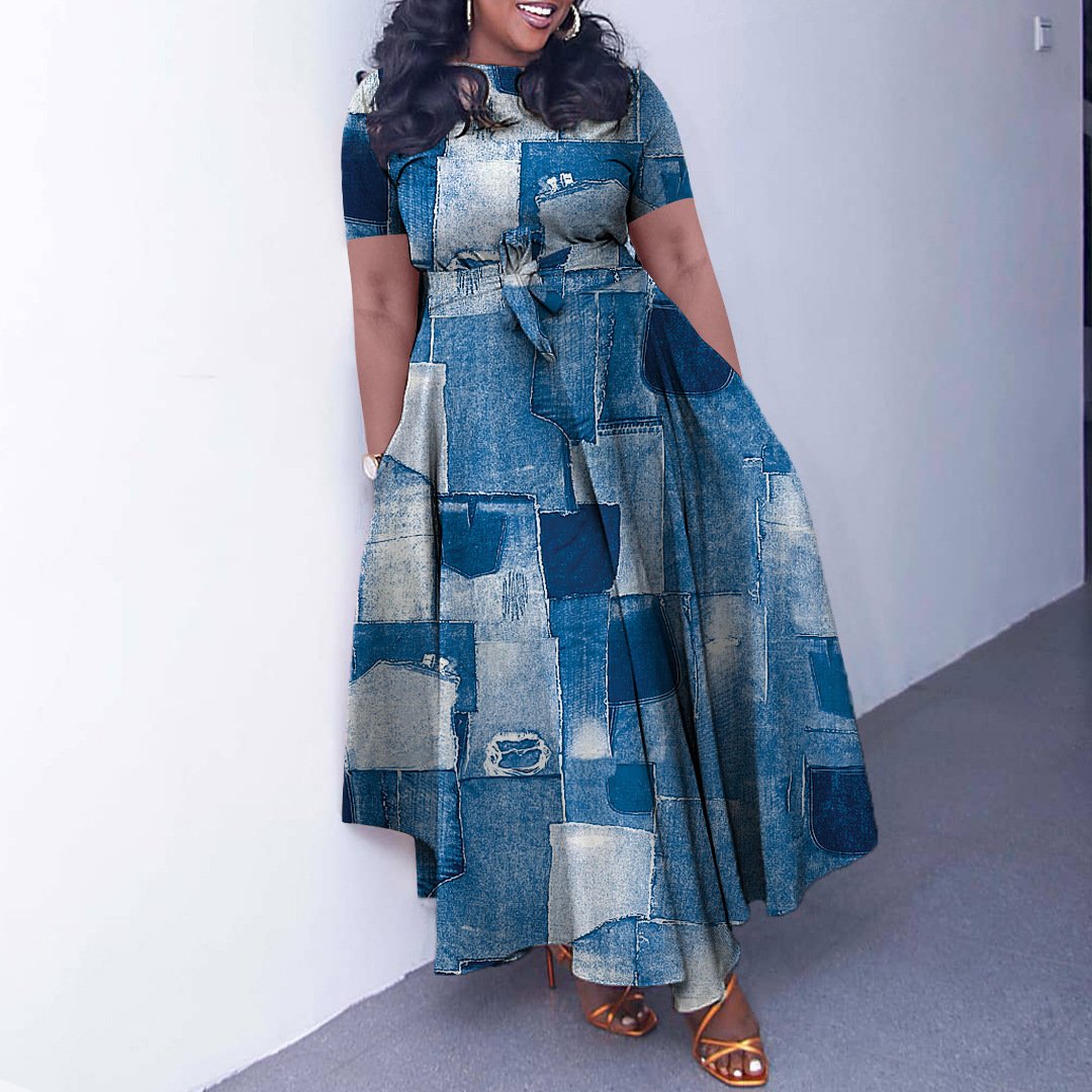 Plus Size Hot Sale New Digital Printing Dress Women Geometric Color Short Sleeve O Collar A Line Belt Casual Dress