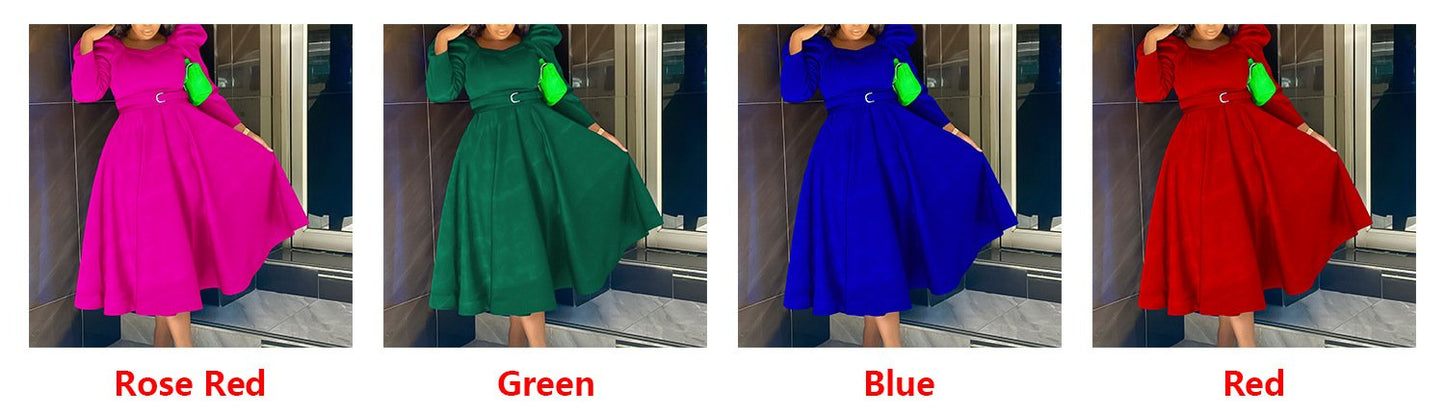 2024 Wholesale African Women's Elegant Long Puff Sleeve Square Collar Solid Color Maxi Plus Size Dress
