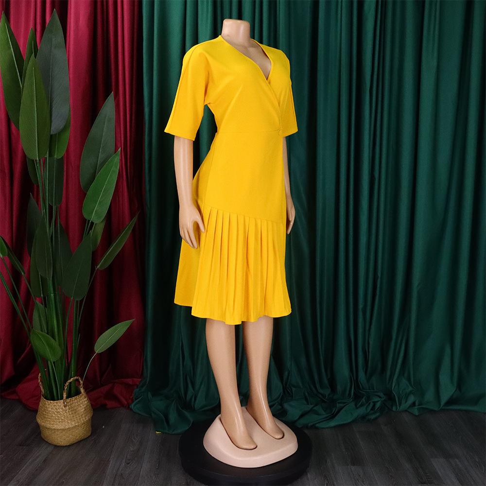 Latest Design Custom V-neck Waist Fashion Short Sleeve Pleated Irregular Tight Fashion Casual Dress
