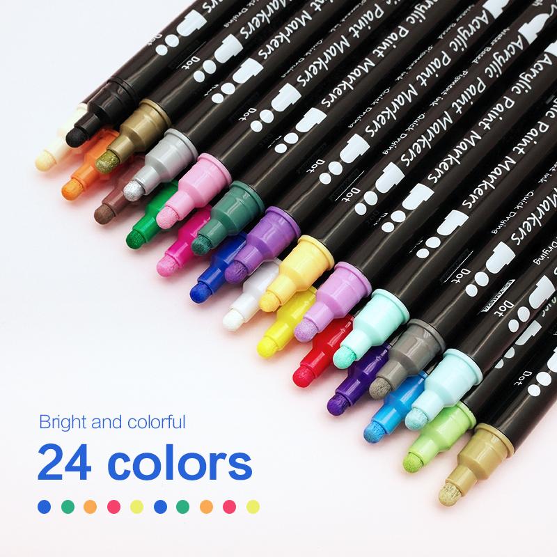 12/24/36 Color Acrylic Paint Pen Double Pointed Marker Pen With Dot Tip And Pen Tip For Rock Ceramic Wood DIY Crafts Marker Art Supplies