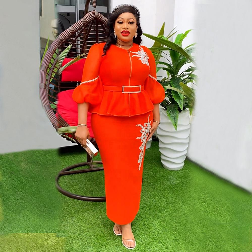 Custom Summer Office Dress Suit Bubble Sleeves H & D African Women Embroidered Slim Fit Suit 2 Piece Set