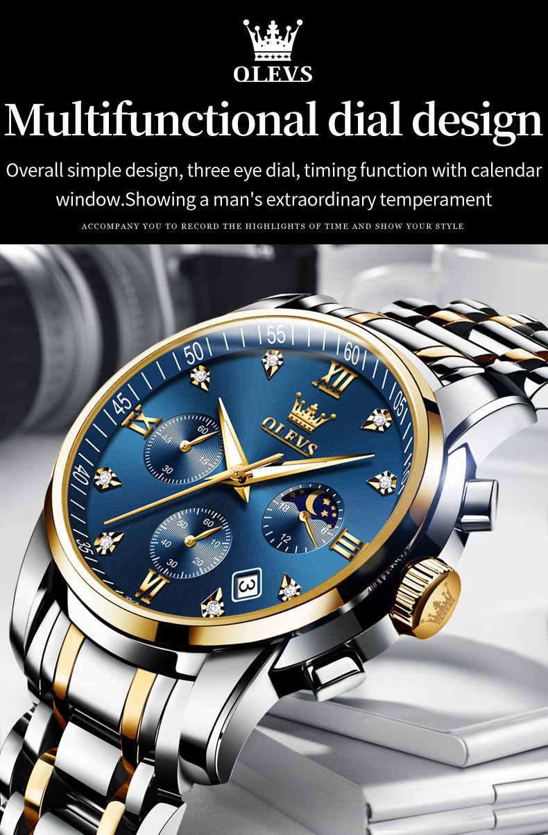 Men's Watch OLEVS 2858 Business Multi Time Zone Watch Waterproof Function Analog Date Watch Stainless Steel Quartz Watch