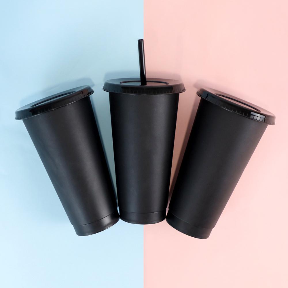 Plastic Tumbler Coffee Black Reusable 24 Oz Frosted Drink Cold Cup With Lid And Straw