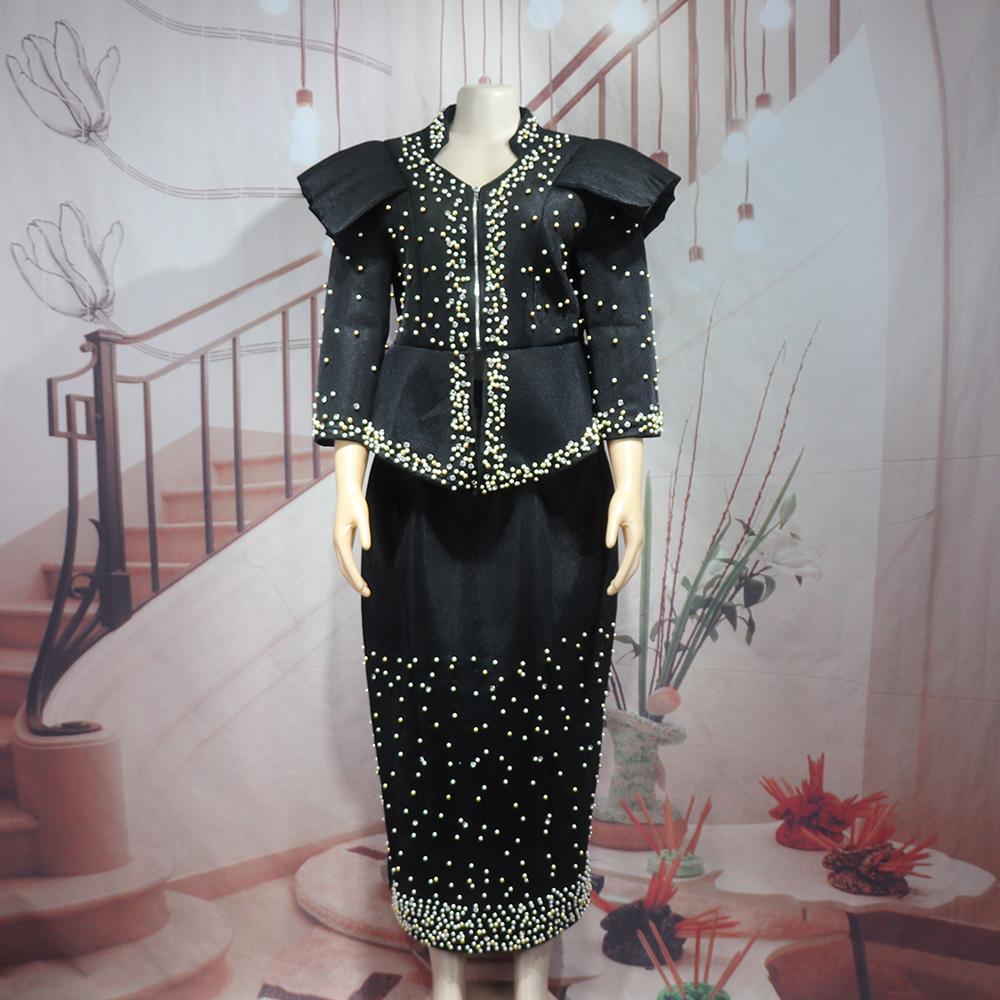 Luxury African Clothing Mesh Long Sleeve Dress Suit African Beaded Dress Elegant Turkish African Women's Clothing