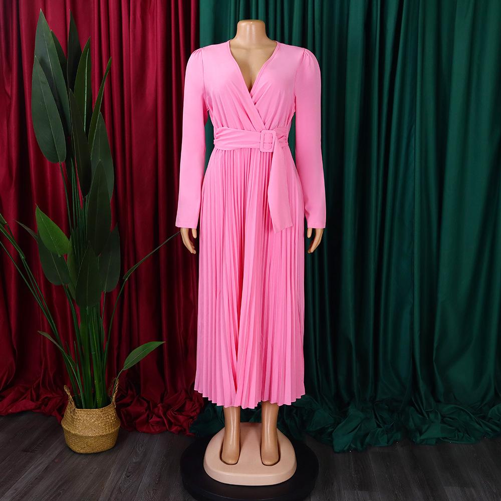 D419 Latest Design Ladies Office Dress Ladies Elegant Solid Color Long Sleeve Lace-up V-Neck Slim Pleated Skirt