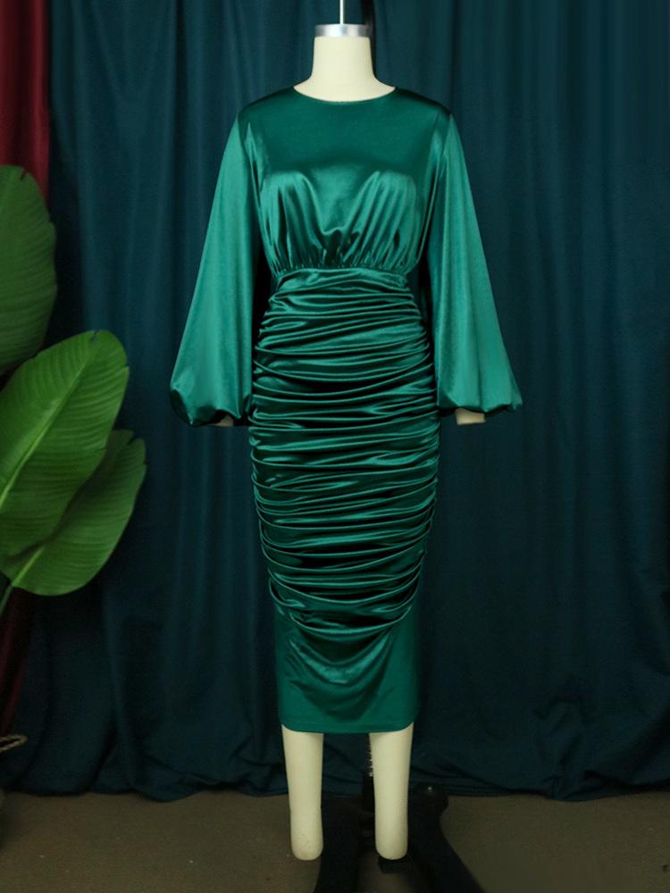 Y307044 Pleated Green Satin Dress Long Puff Sleeve High Waist Soft Midi Banquet Party Plus Size Women's Clothing